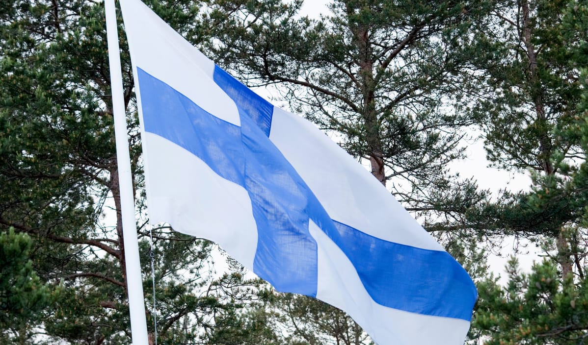 suomen lippu liehuu mäntyjen edessä
