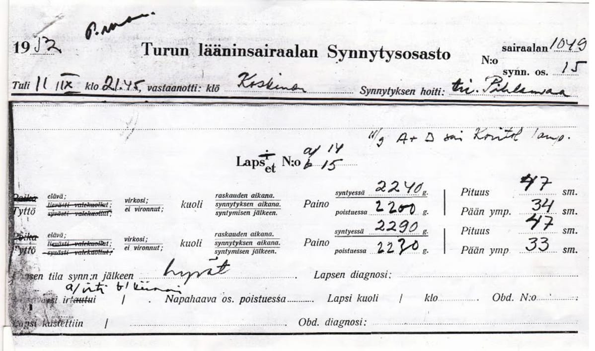 Syntymätodistus vuodelta 1952.