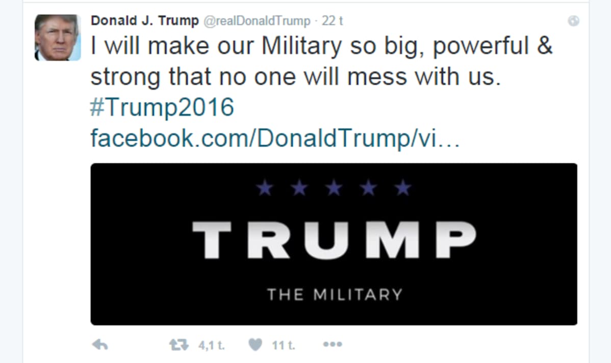 Kuvakaappaus Donald Trumpin Twitter-tilistä.