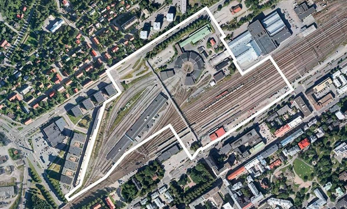 Ilmakuva Turun ratapiha-alueesta.