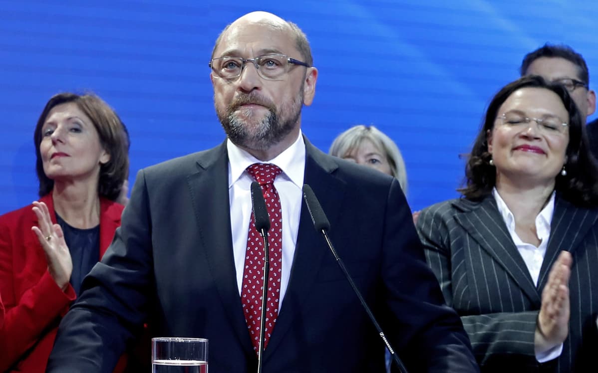 Saksan sosiaalidemokraattien johtaja ja liittokansleriehdokas Martin Schulz kuvattuna ennustetta julkistettaessa vaalinvalvojaisissa Berliinissä 24. syyskuuta.