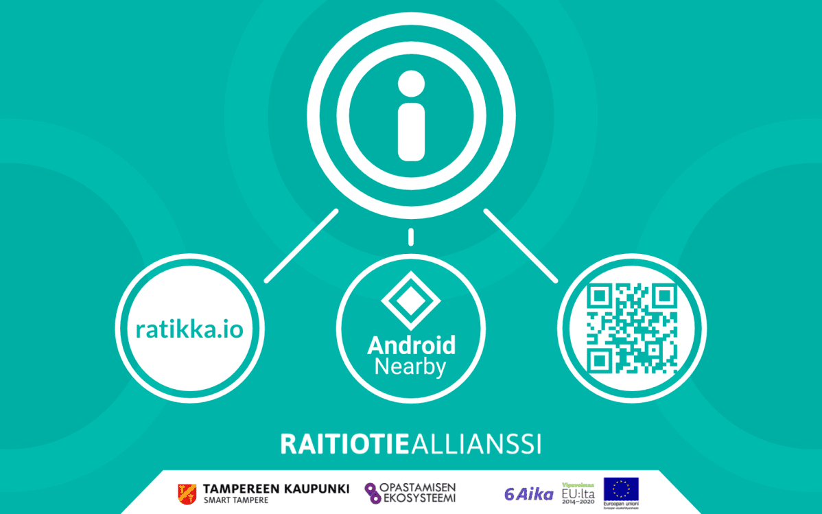 Tampereen ratikkatyömailla käytettävä turkoosi infotarra