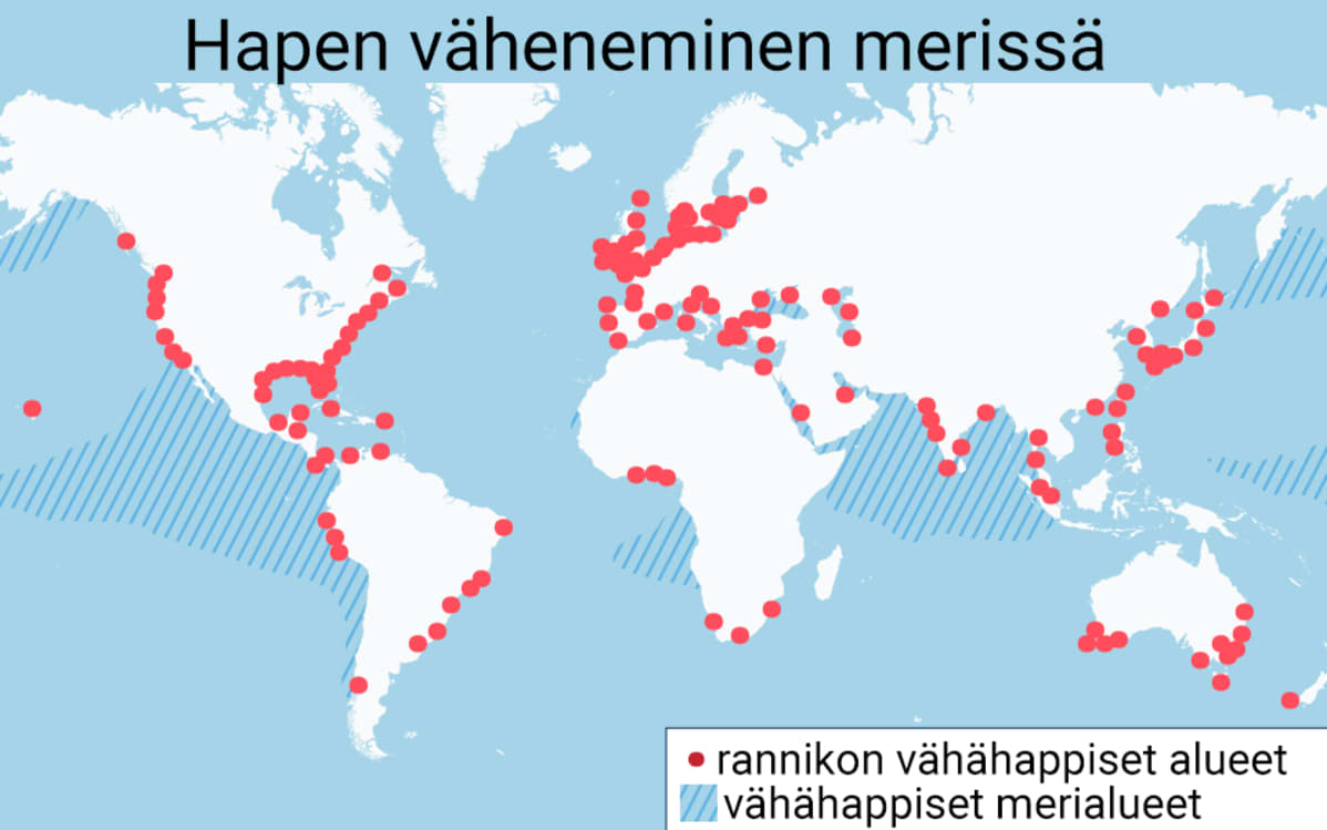 Kartta merien vähähappisista alueista