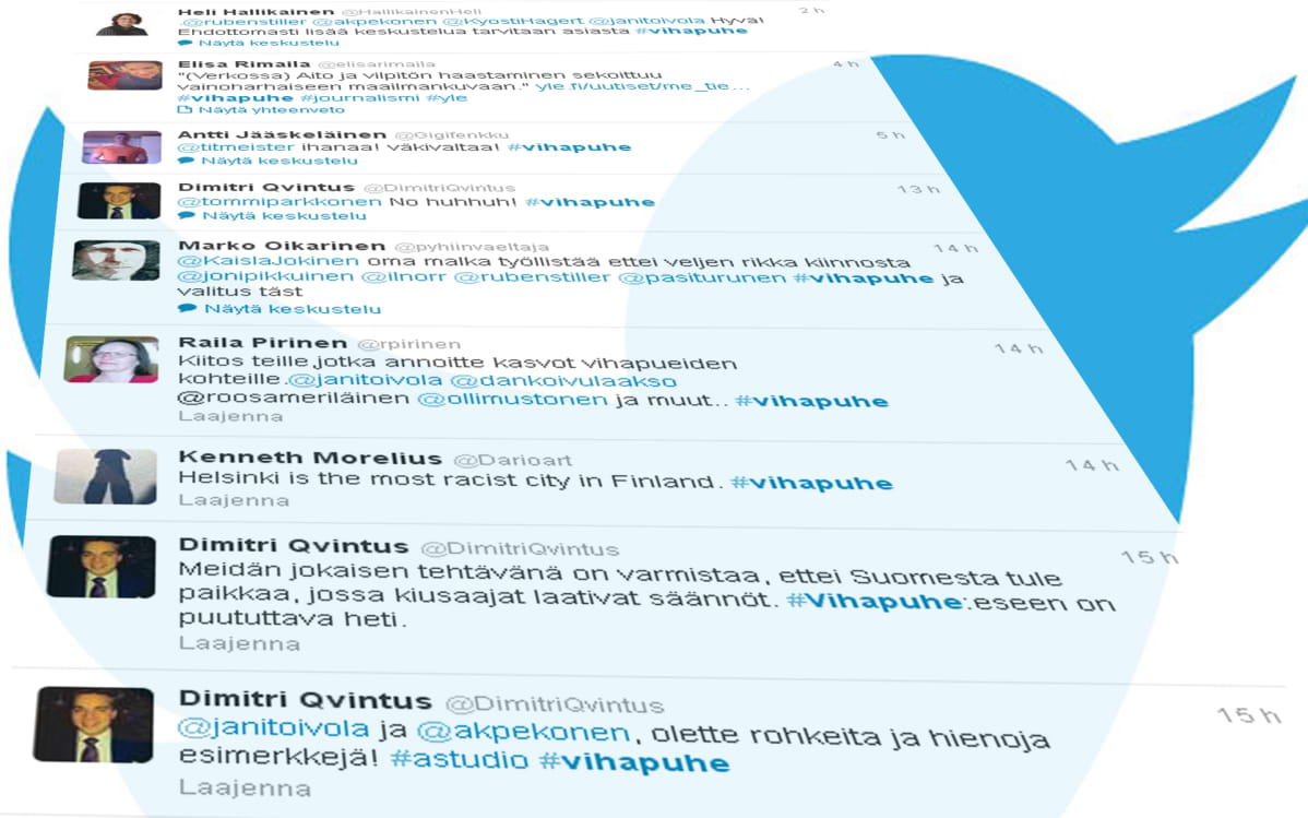 Kuvakaappaus Twitteristä hashtagista #vihapuhe.