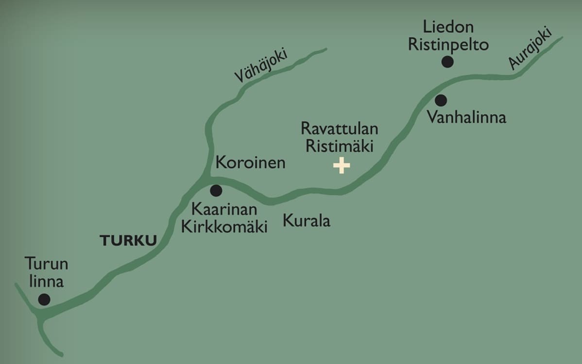 Kartta Aurajokjvarren myöhäisrautakautisista kohteista.