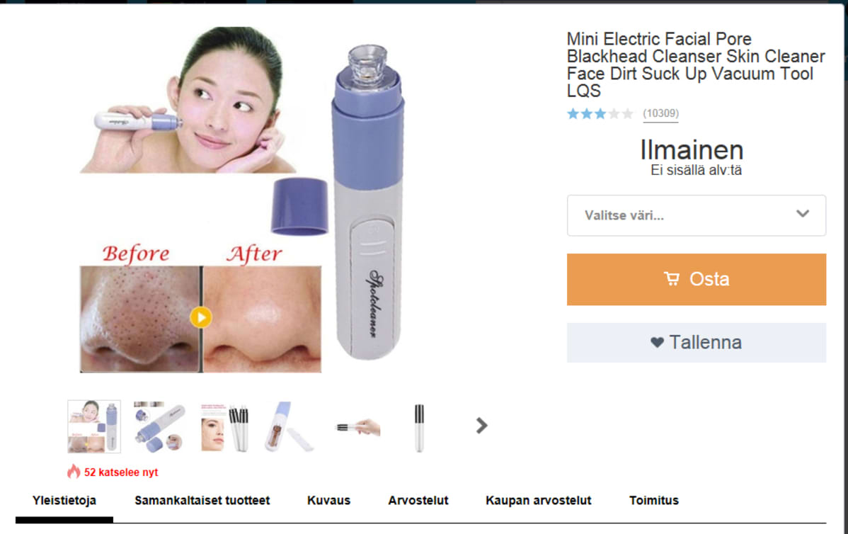 Ihohuokosia puhdistavan "imurin" esittelykuva Wish.com -sivustolla