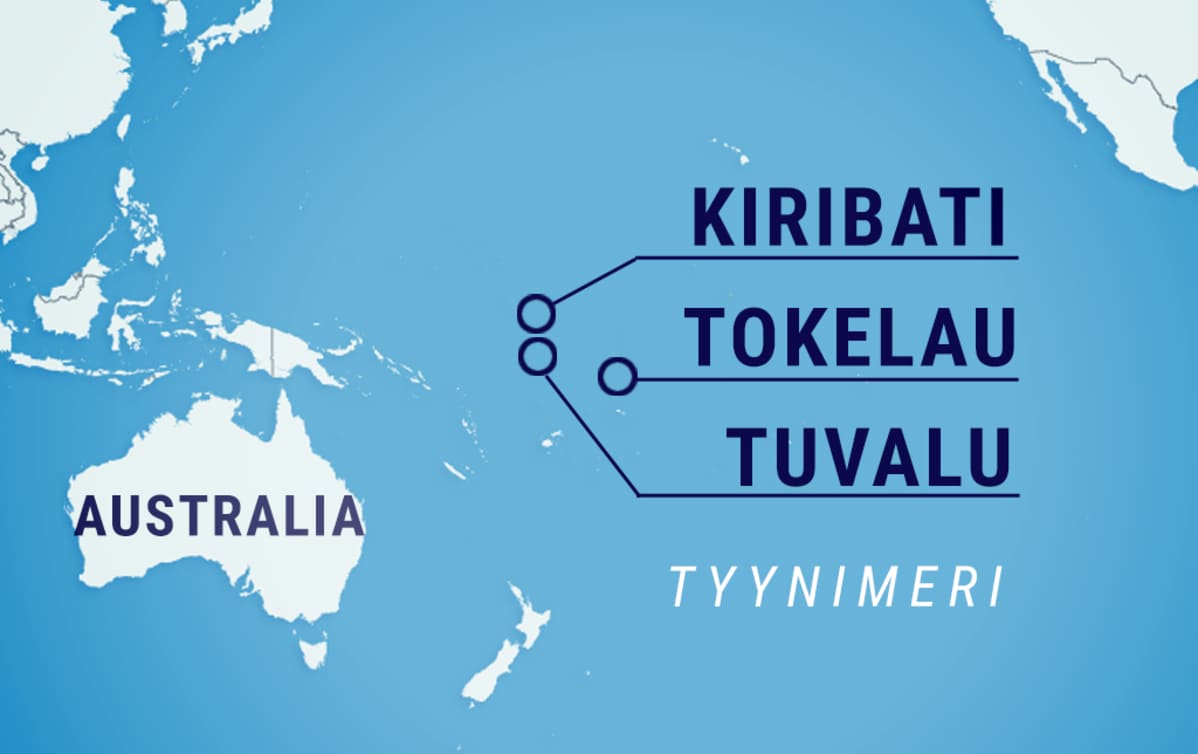 Kartta, johon merkitty Kiribati-, Tokelau- ja Tuvalu_saariryhmien sijainti Tyynellämerellä.