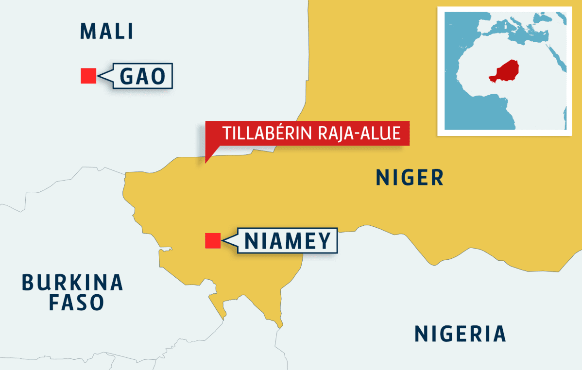 Karttakuva, jossa näkyy Nigerin ja Malin rajat sekä Tillaberin raja-alue