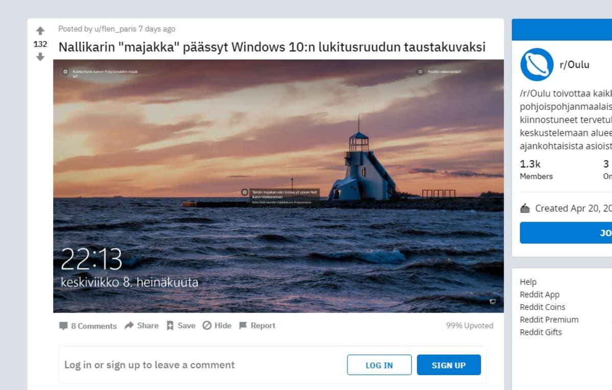 Kuvakaappaus Reddit-sivustolta, jonne käyttäjä on ladannut Windowsin lukituskuvan.