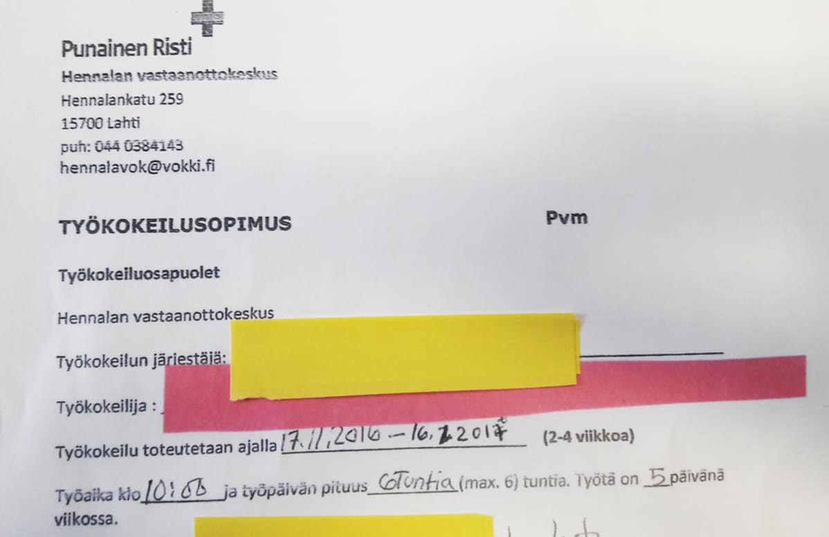 SPR:n työkokeilusopimus, jonka AVI:n tarkastaja Katja-Pia Jenu sai mainitusta lahtelaisravintolasta. Sopimuksen mukaan turvapaikanhakija tekee työtä kuusi tuntia päivässä ja viisi päivää viikossa. Laadittu sopmius on tehty kahden kuukauden mittaiseksi, jonka jälkeen samalle turvapaikanhakijalle oltiin tehty jatkosopimus.