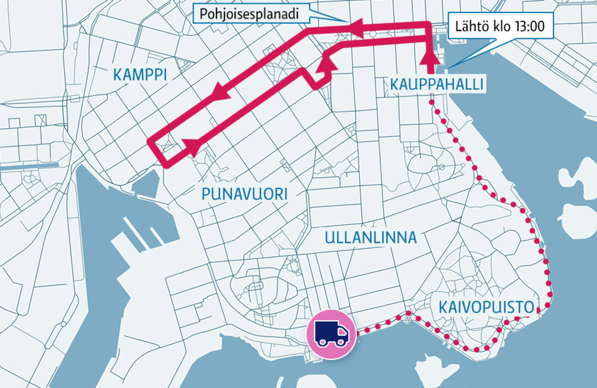 Kartta penkkarireitistä Helsingissä.