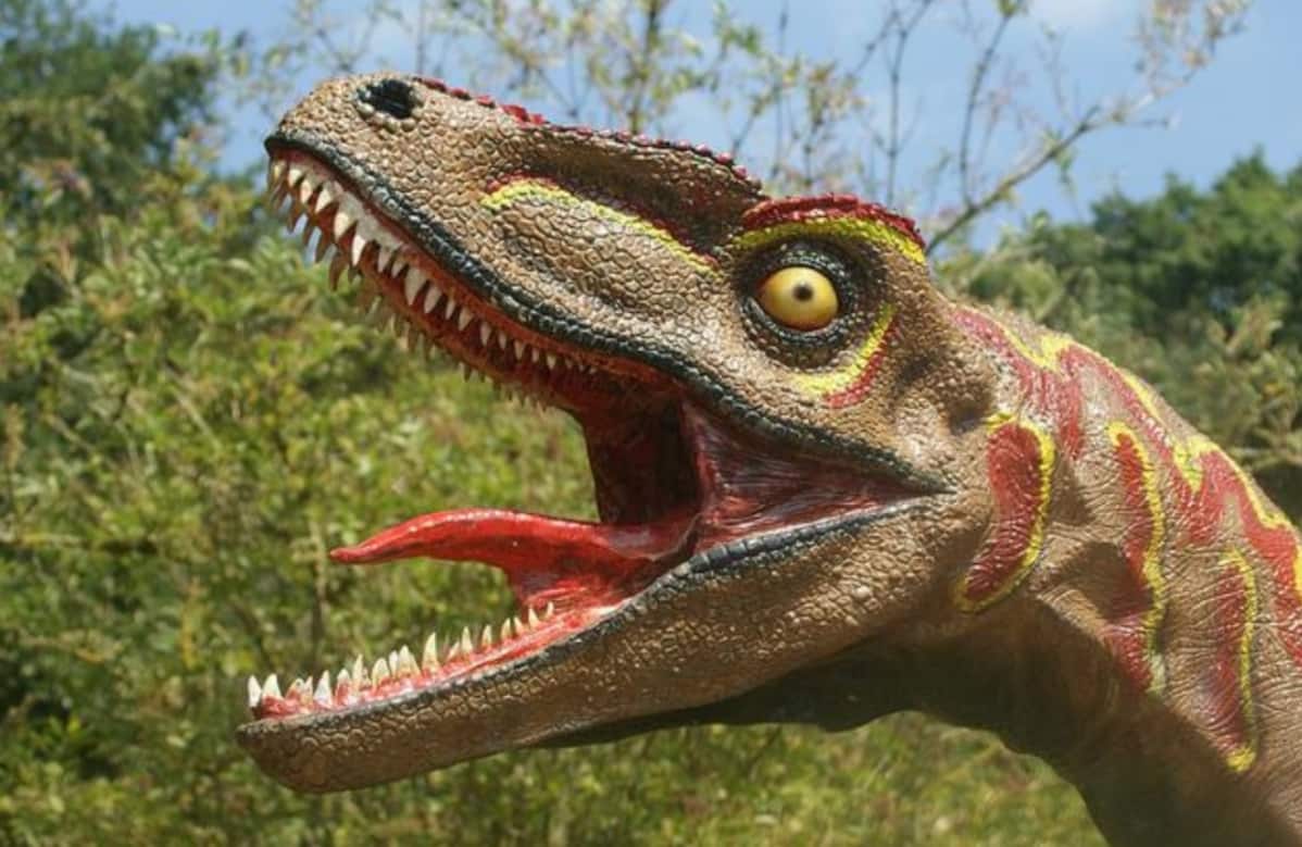 Dinosauruksesta teemapuistoon tehty malli, jossa kita on auki ja kieli ulkona.
