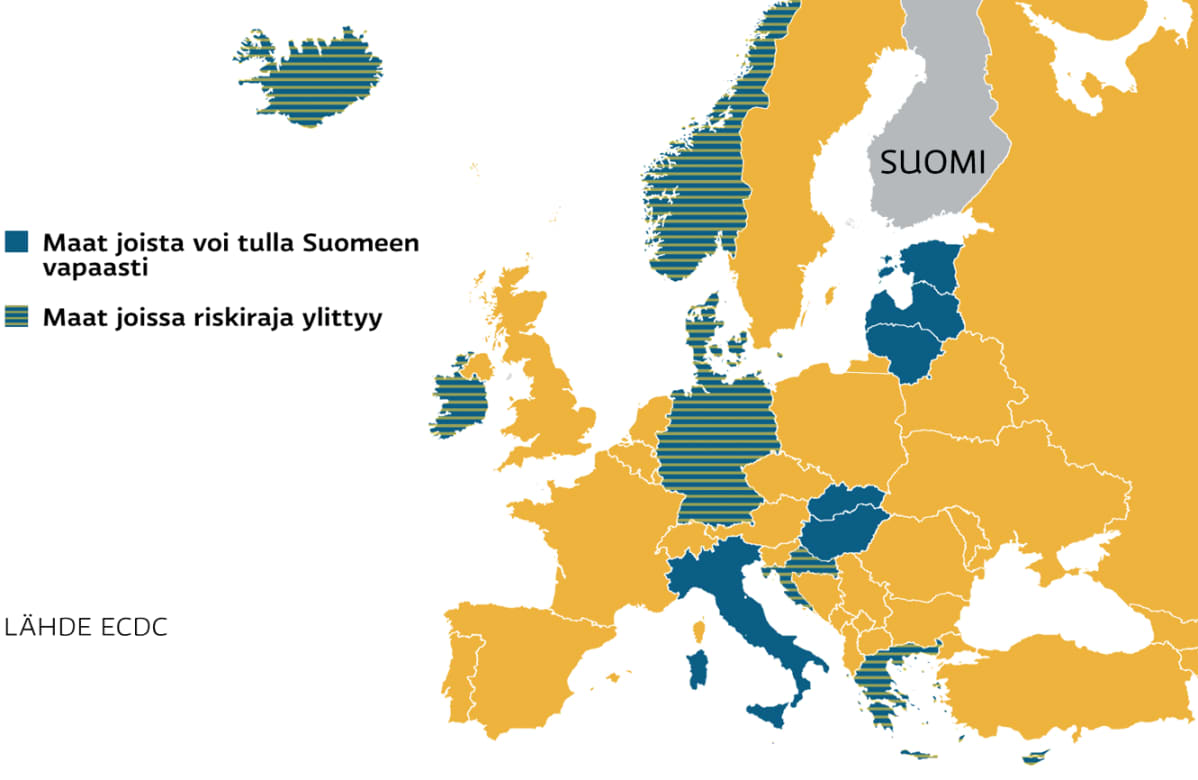 Kartta Euroopan matkustusrajoituksista