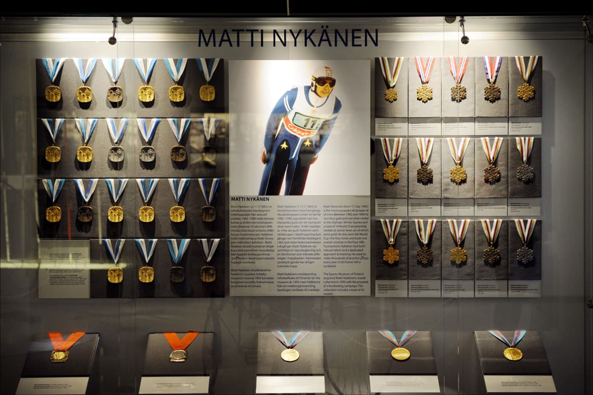 Matti Nykäsen mitalikokoelma on esillä Suomen Urheiumuseossa.