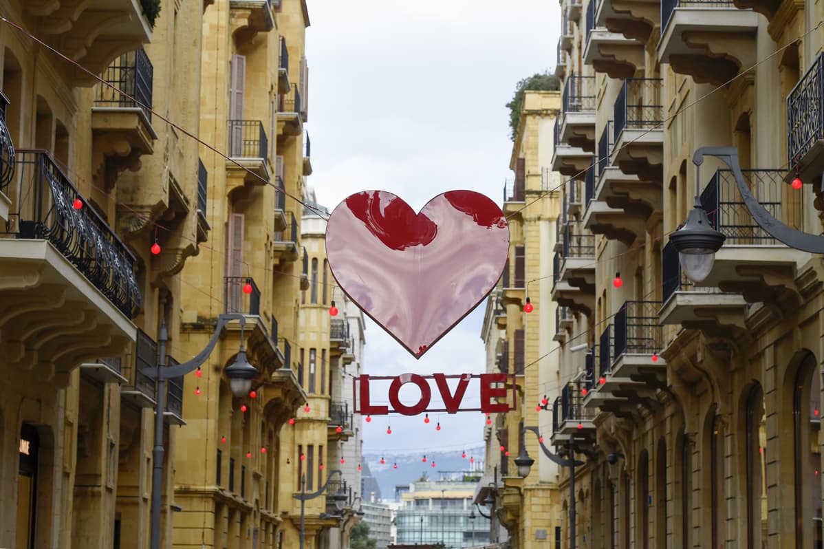 Signs of Valentine's Day decorate a shopping district in downtown Beirut, Lebanon, 10 February 2020.