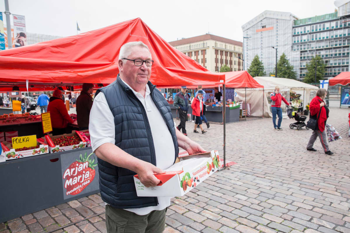 Kari Inkilä mansikkaostoksilla Hakaniementorilla.