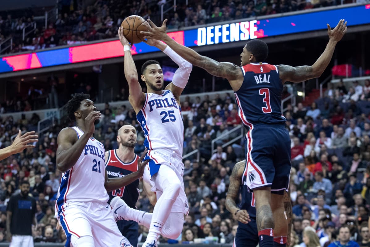 Philadelphian Ben Simmons (nro 25) ajaa korille ottelussa Washingtonia vastaan. Sentterikaveri Joel Embiid kärkkyy tilanteessa levypalloa.
