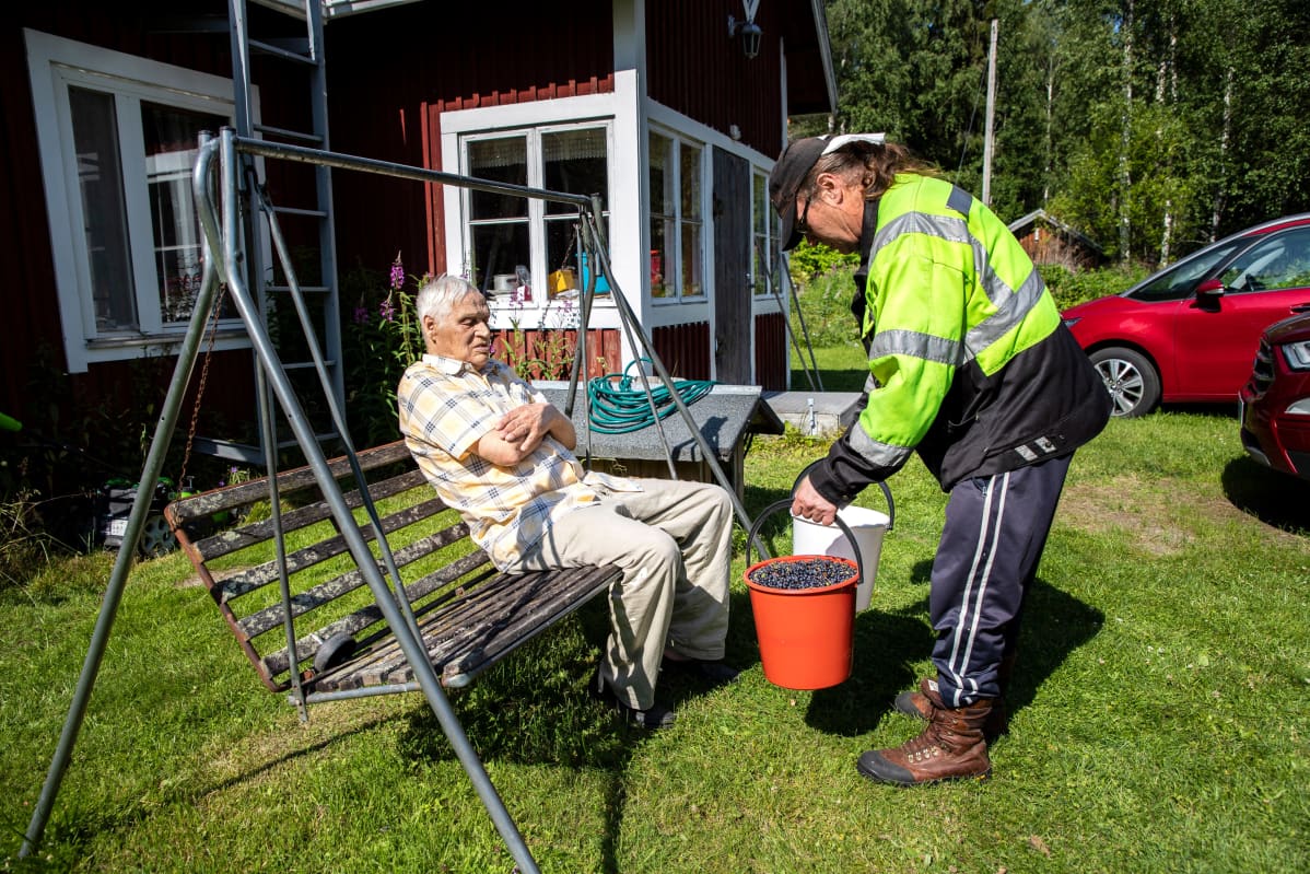 Pentti Jeronen tuo mustikoita Kalevi Lehtiselle-
