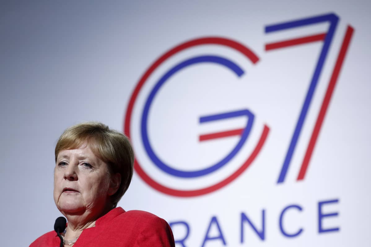 Saksan liittokansleri Angela Merkel puhui G7 kokouksessa sunnuntaina.