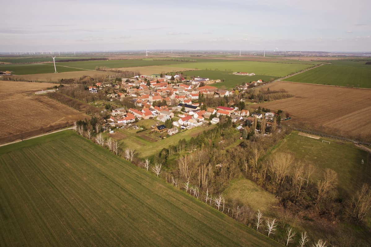 Ilmakuvassa on saksalaista maaseutua.