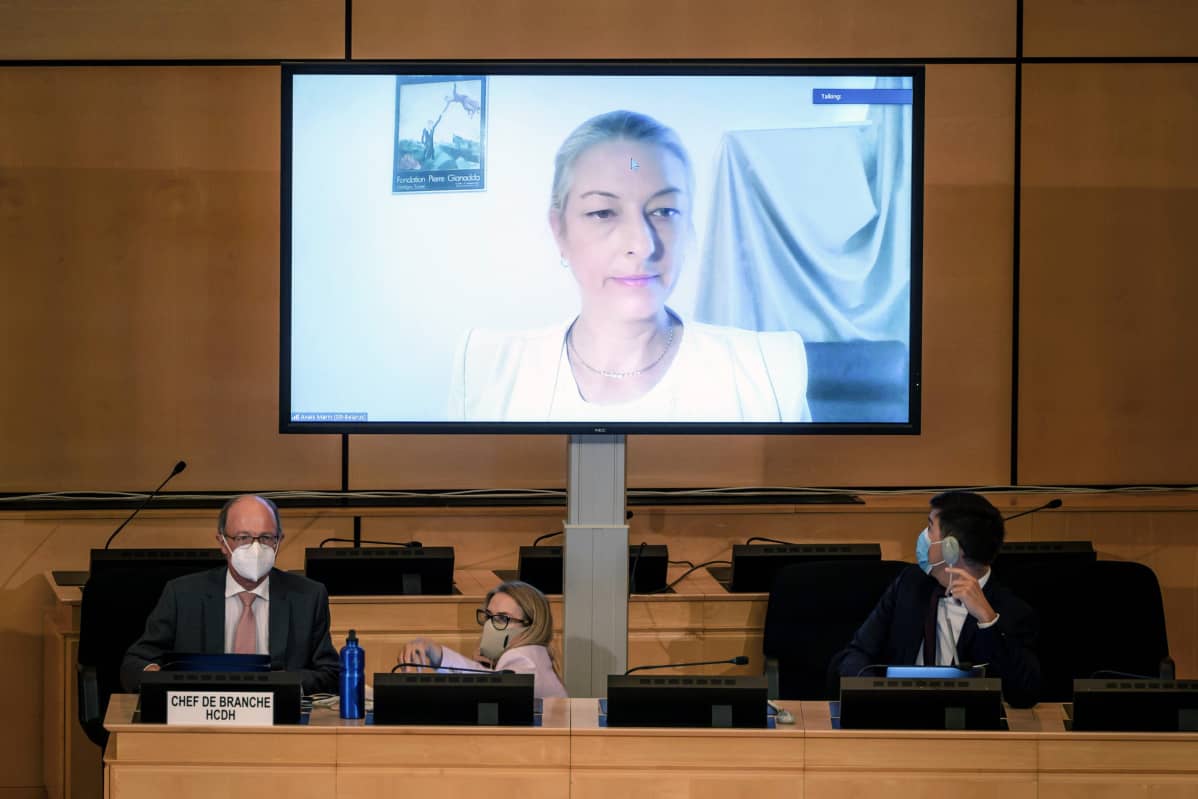 Anaïs Marin puhui 18. syyskuuta videoyhteyden välityksellä YK:n tapaamisessa Genevessä. Valko-Venäjän edustaja yritti Kiinan, Venäjän ja Venezuelan tuella estää Marinia puhumasta tilaisuudessa.