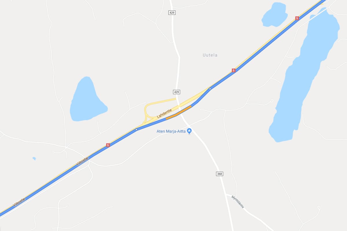 Google Mapsin reittiohje Uutelan liittymässä Mäntyharjulla.