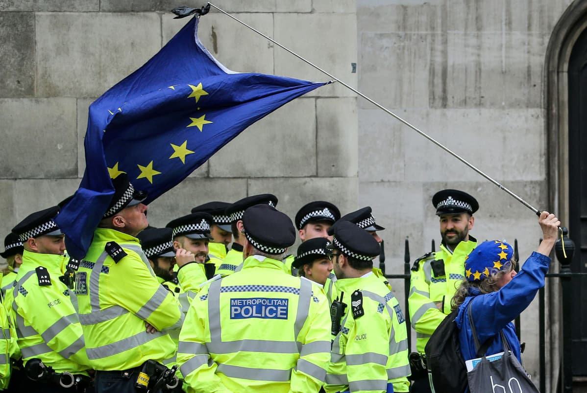 Brexitin vastustaja kantaa EU-lippua kepin päässä. Lippu hipoo poliisien päätä joiden ohi lipun kantaja on juuri kävelemässä.