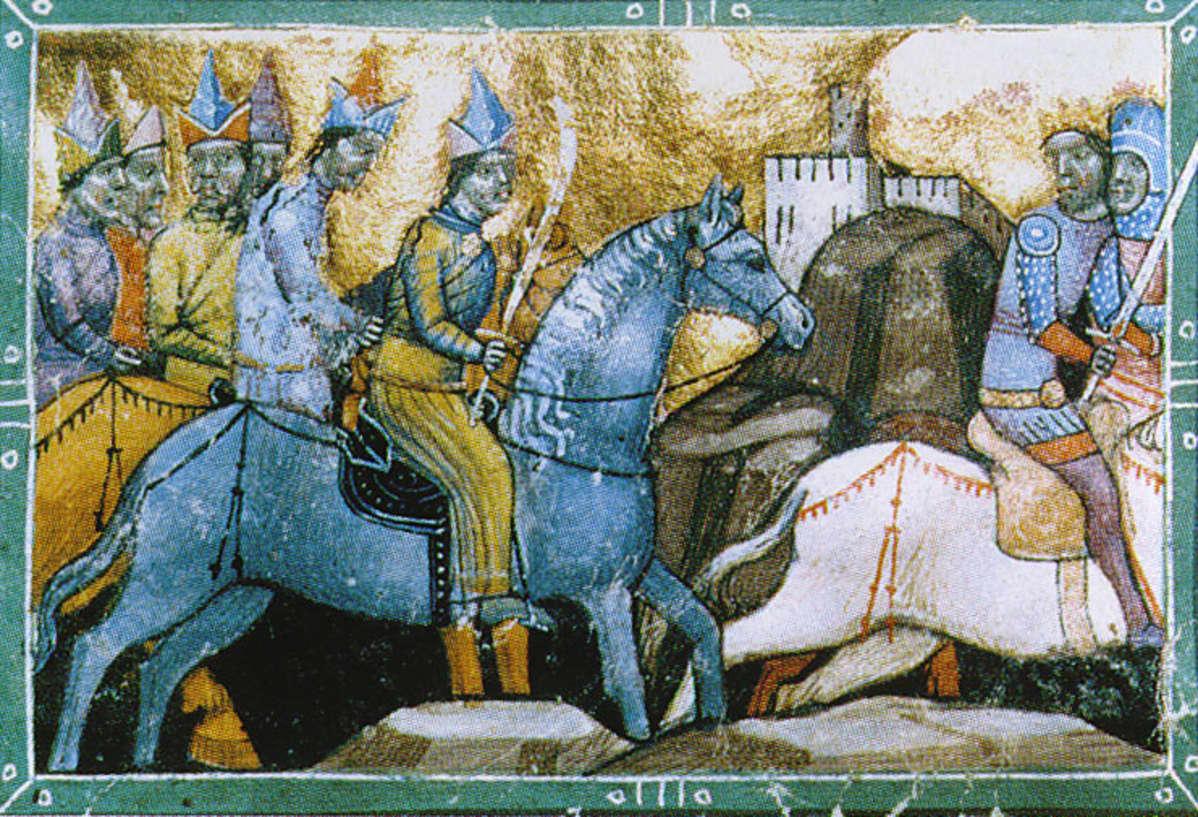 Mongoleita hevosten selässä esittävä maalaus vuodelta 1241