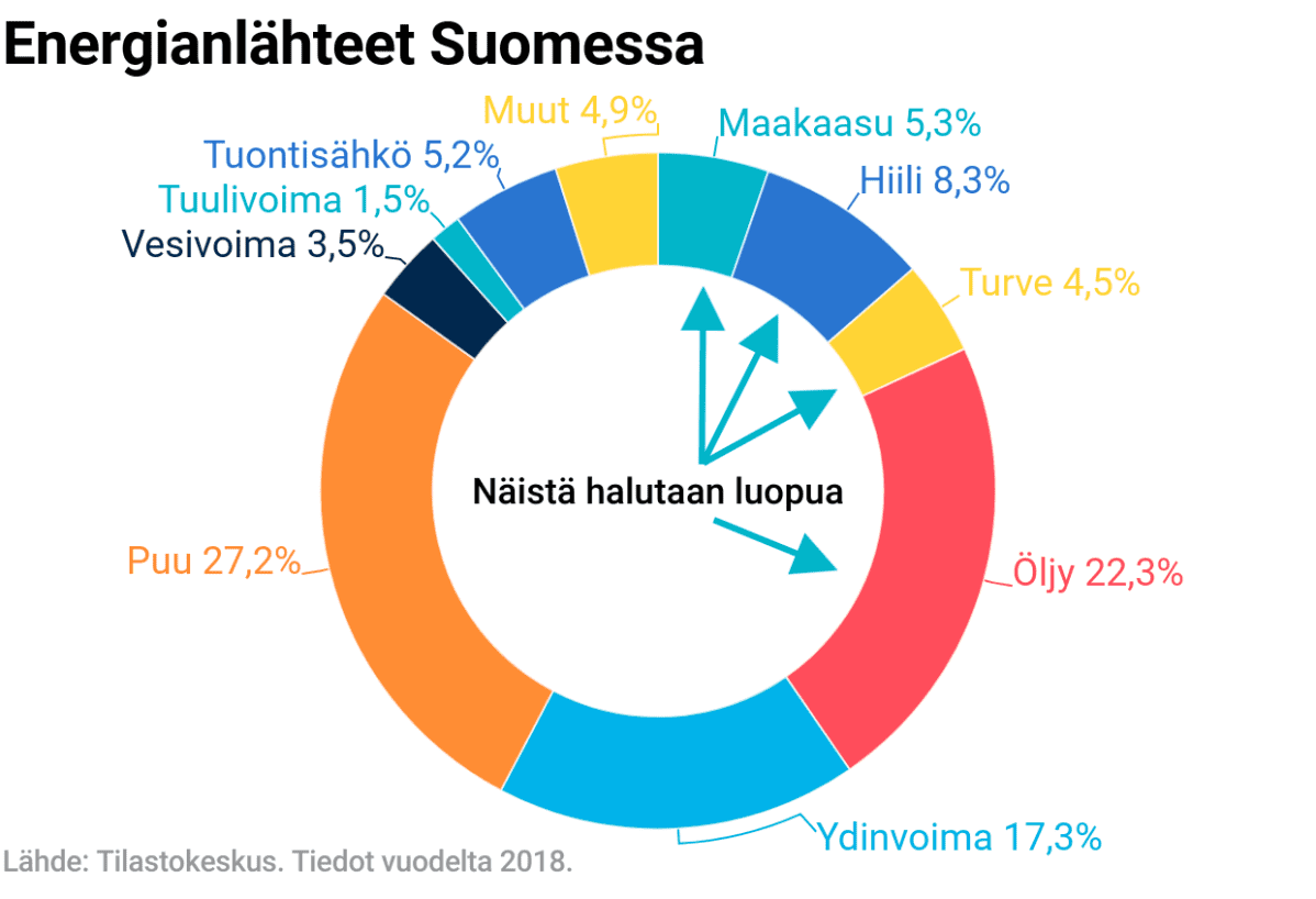 Energiankulutus sektoreittain Suomessa vuonna 2018. Suurimmat puu 27,2%, öljy 22,3%, ydinvoima 17,3%, hiili 8,3%, maakaasu 5,3%, turve 4,5%.