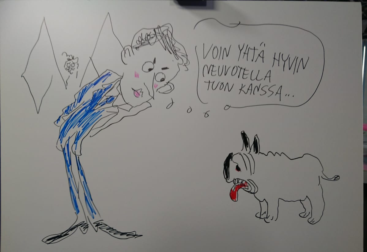 Piirroskuva jossa Ranskan presidentti Emmanuel Macron ja Lennu-koira
