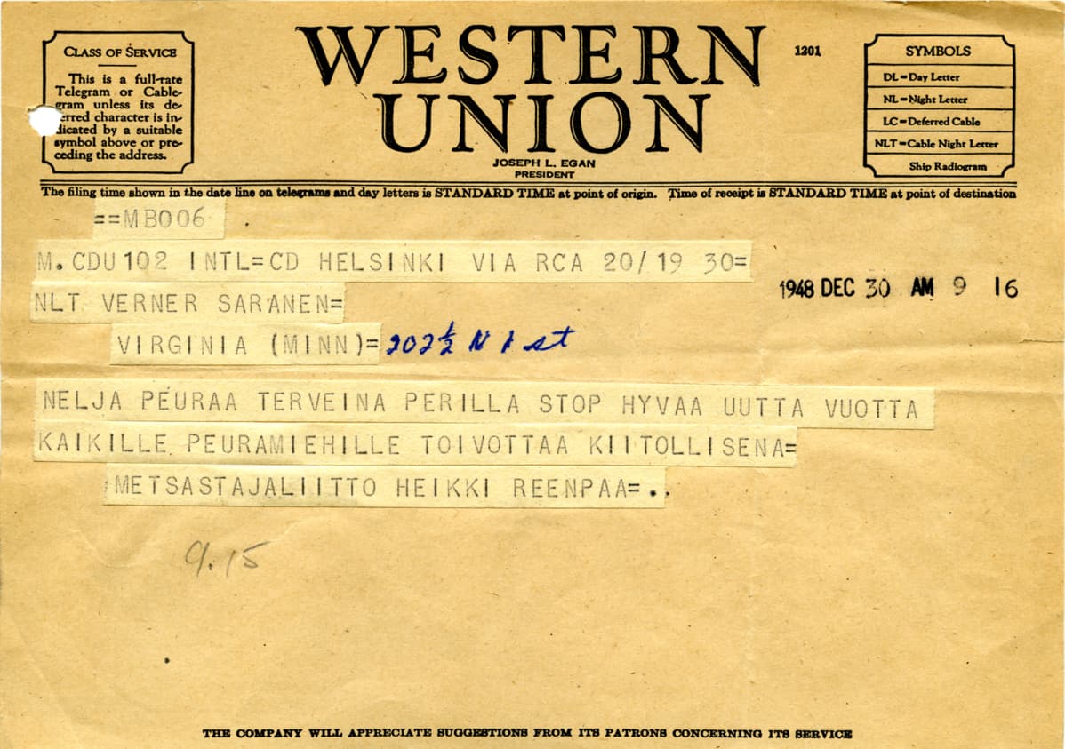 Laukonpeurojen lähetyskortti 1948