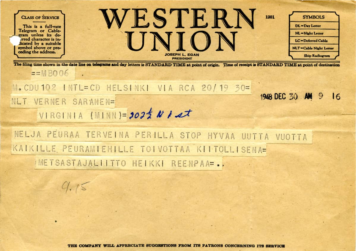 Laukonpeurojen lähetyskortti 1948