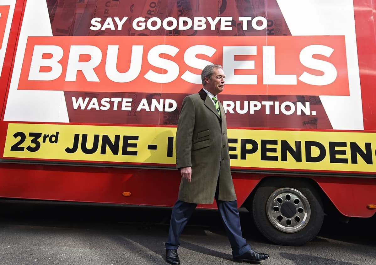 Britannian maahanmuutto- ja EU-vastaisen Ukip-puolueen johtaja Nigel Farage Lontoossa maaliskuussa.
