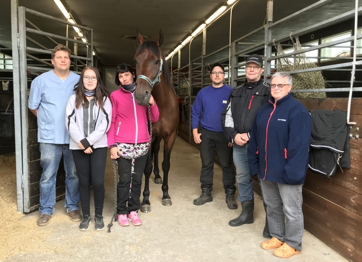 Ranch Kellyn taustajoukot kokoontuivat kesällä sankarin ympärille - eläinlääkäri Antti Tukiainen, hoitaja Heidi Konga, Anne Luttinen, kengittäjä Simo Ikonen sekä kotitallin isäntäväki Seppo Torniainen ja Liisa Torniainen.
