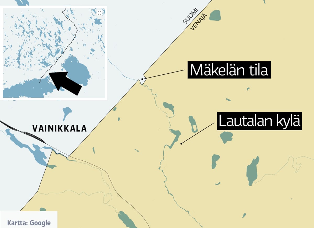 Mäkelän talo ja Lautalan kylä Venäjän puolella kartalla
