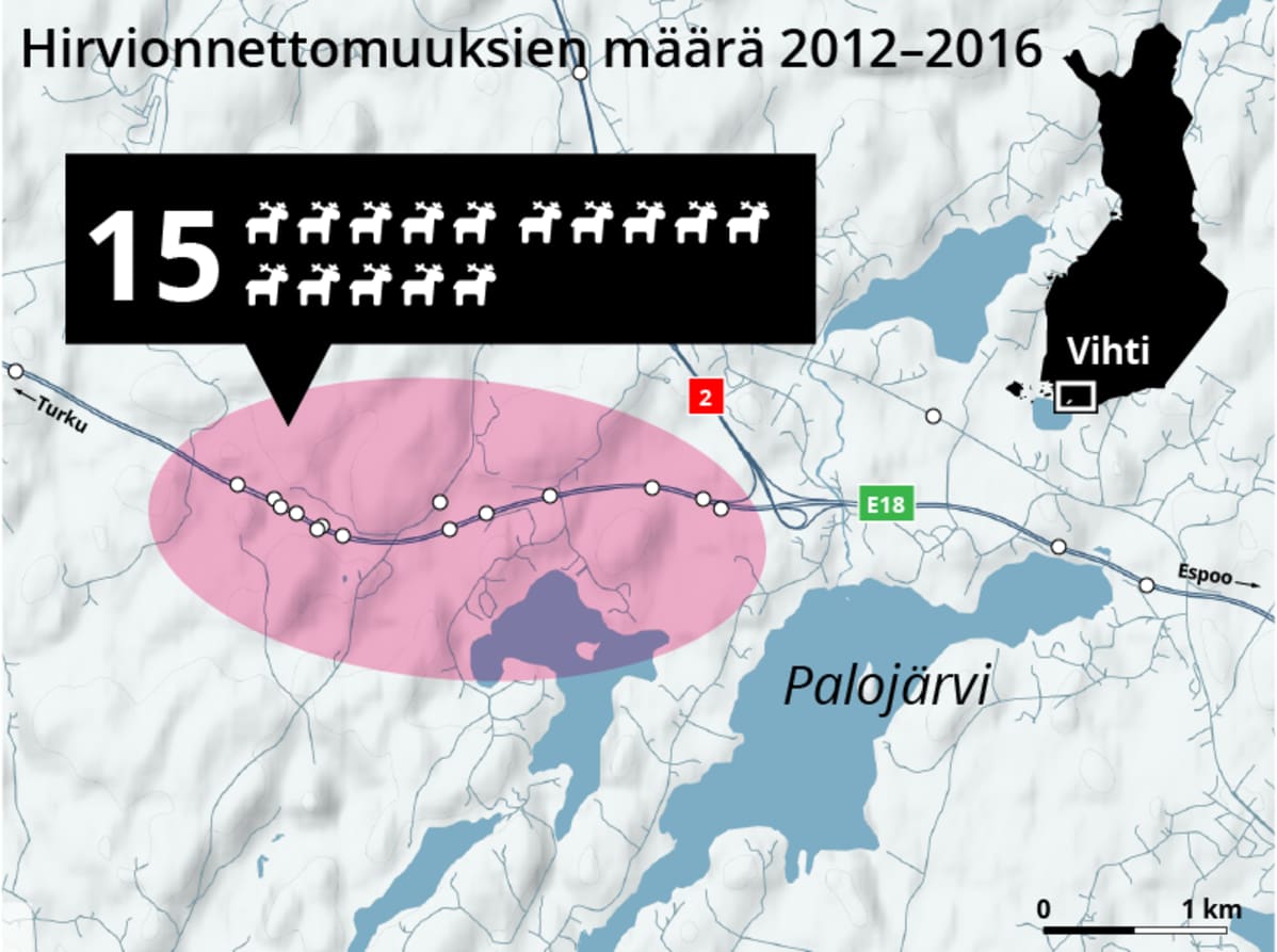 15 hirvionnettomuutta vuosina 2012–2016 Vihdissä. Tietolähde: Liikennevirasto.