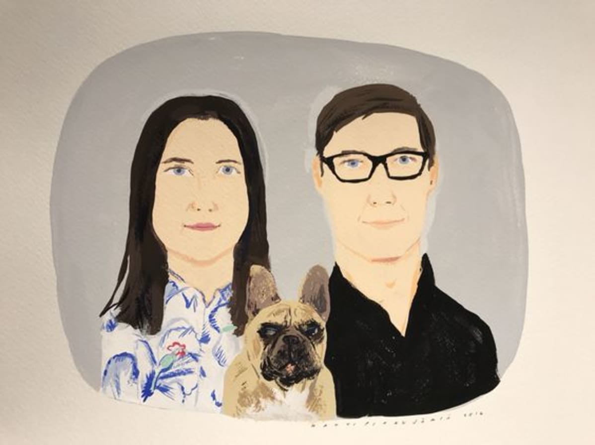 Matti Pikkujämsän muotokuvassa mies, nainen ja koira.