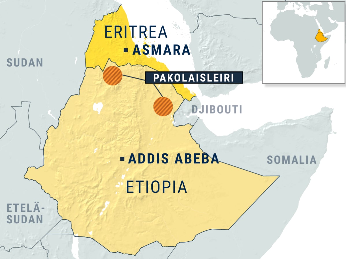 Kartta, jossa Eritrea ja Etiopia korostettuna, Etiopian puolella kaksi pakolaisleiriä merkittynä