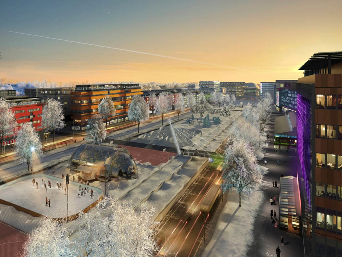 Kuvitelma Hämeenlinnanväylästä kaupunkibulevardiksi muutettuna vuonna 2050