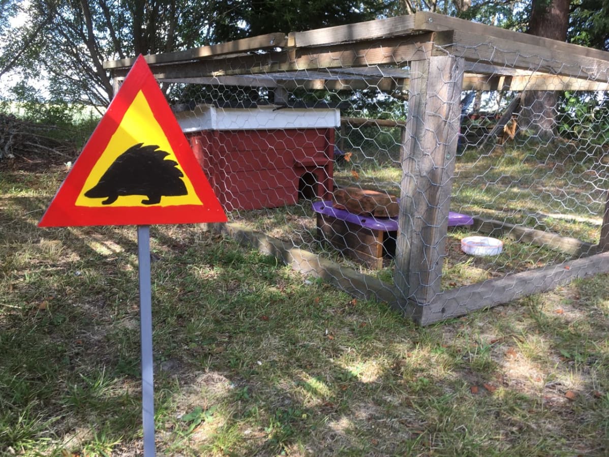 Siilihoitolan pihalla on siileistä kertova varoituskyltti.