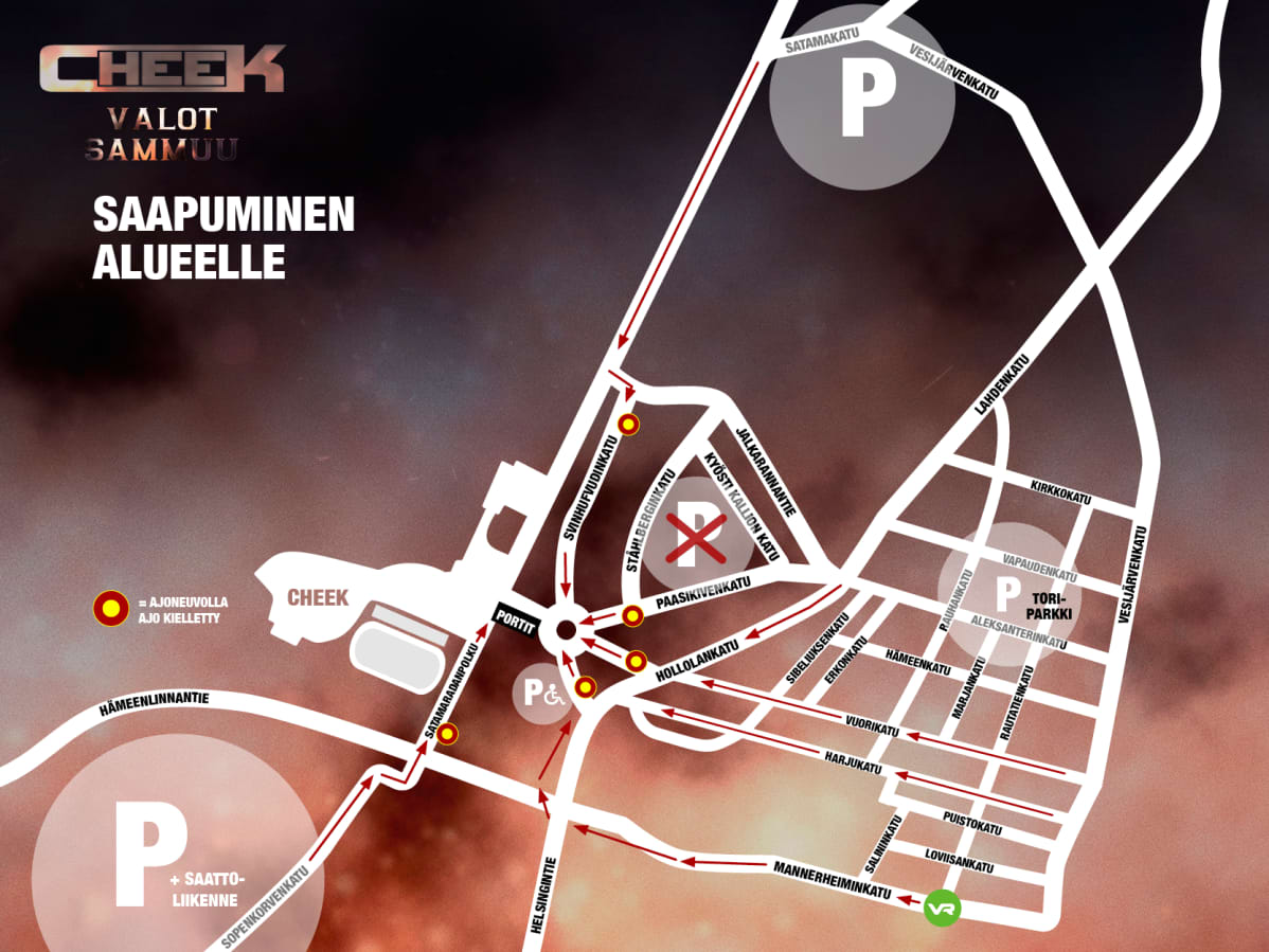 Kartta Cheekin konsertin liikennejärjestelyistä