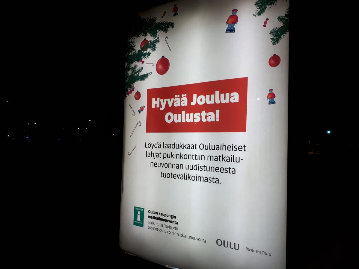 Oulun kaupungin matkailupalveluiden ulkomainos.