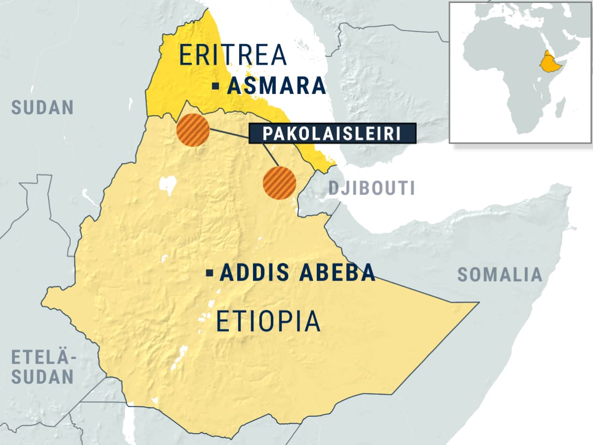 Kartta, jossa Eritrea ja Etiopia korostettuna, Etiopian puolella kaksi pakolaisleiriä merkittynä