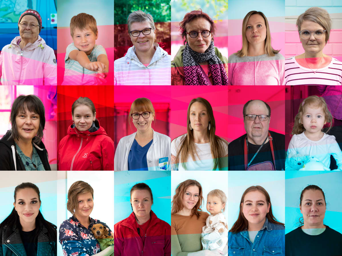 Kuvakollaasi henkilöistä, jotka kertovat omista kokemuksistaan Suomen terveydenhuollosta.