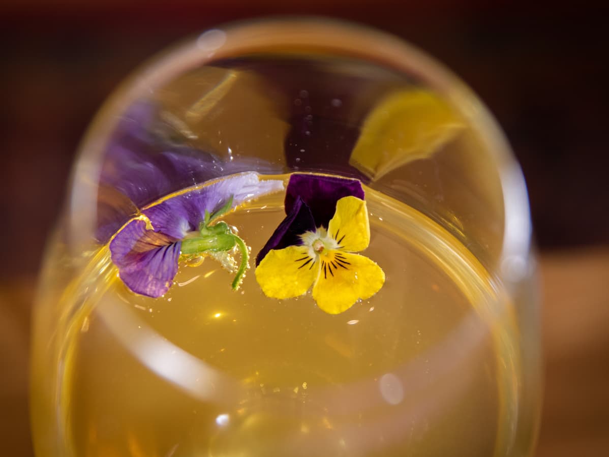 Kukkia teepohjaisessa coctailissa.
