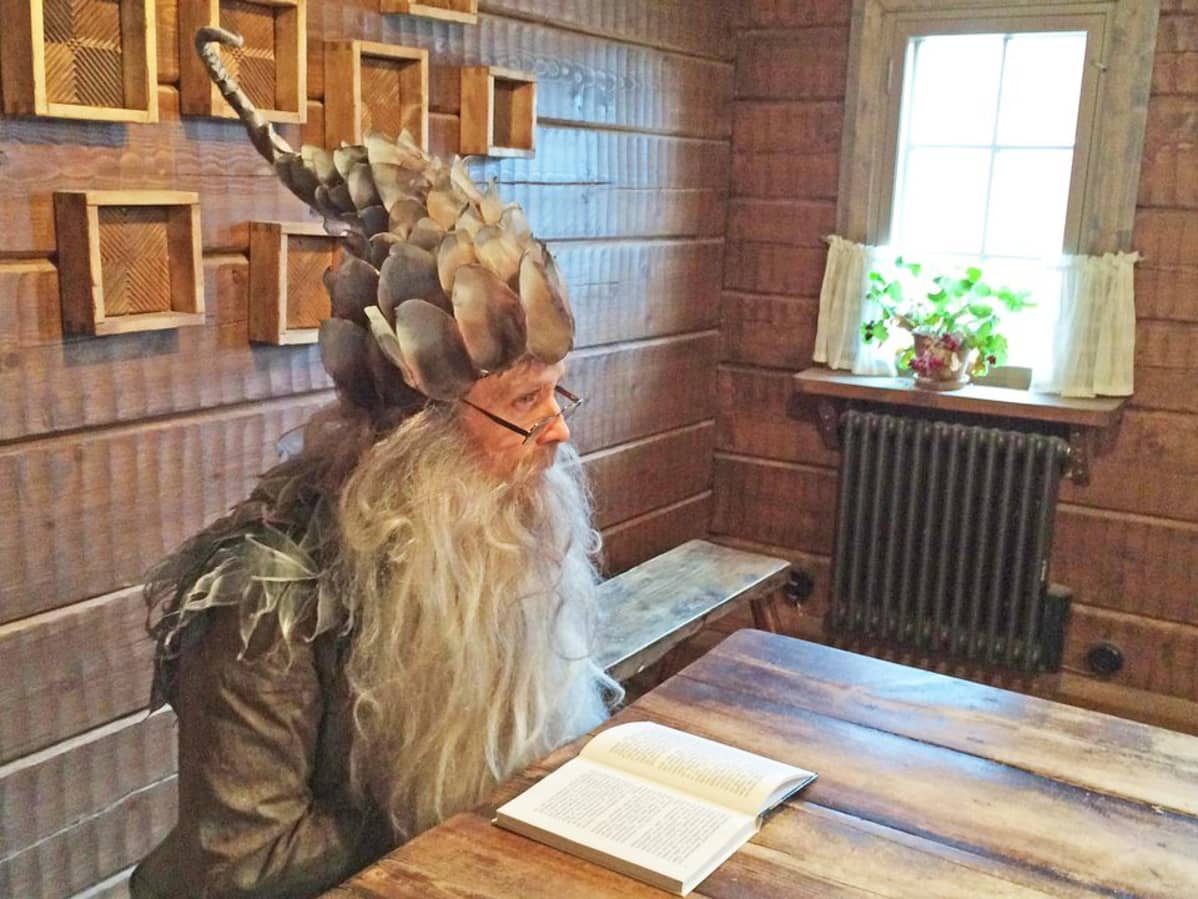 Näyttelijä Matti Pussinen-Eloranta lukee Mestaritontuksi pukeutuneena Mestaritontun seikkailuja Särkänniemessä, Koiramäen Mummulassa.