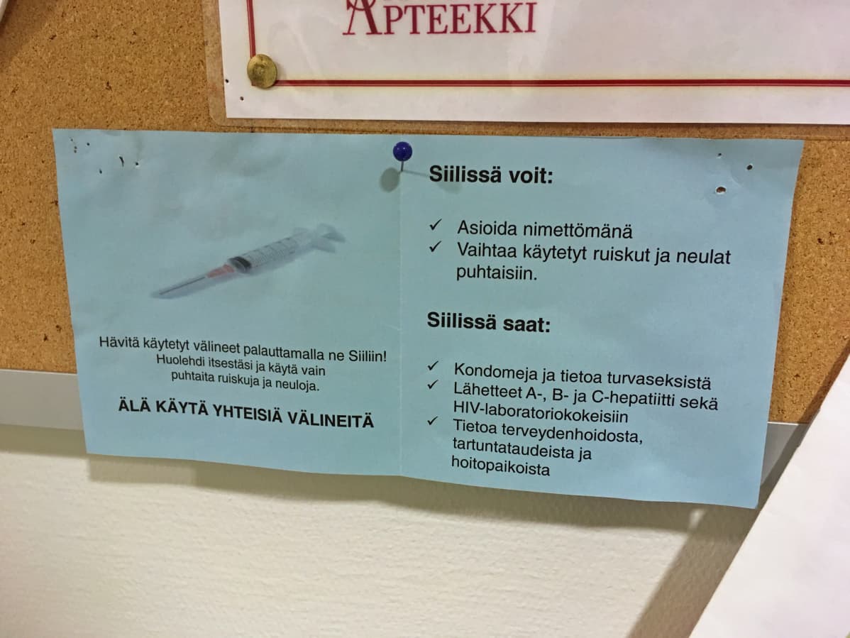 Savonlinnan huumeiden käyttäjille tarkoitetun Siilin mainos.