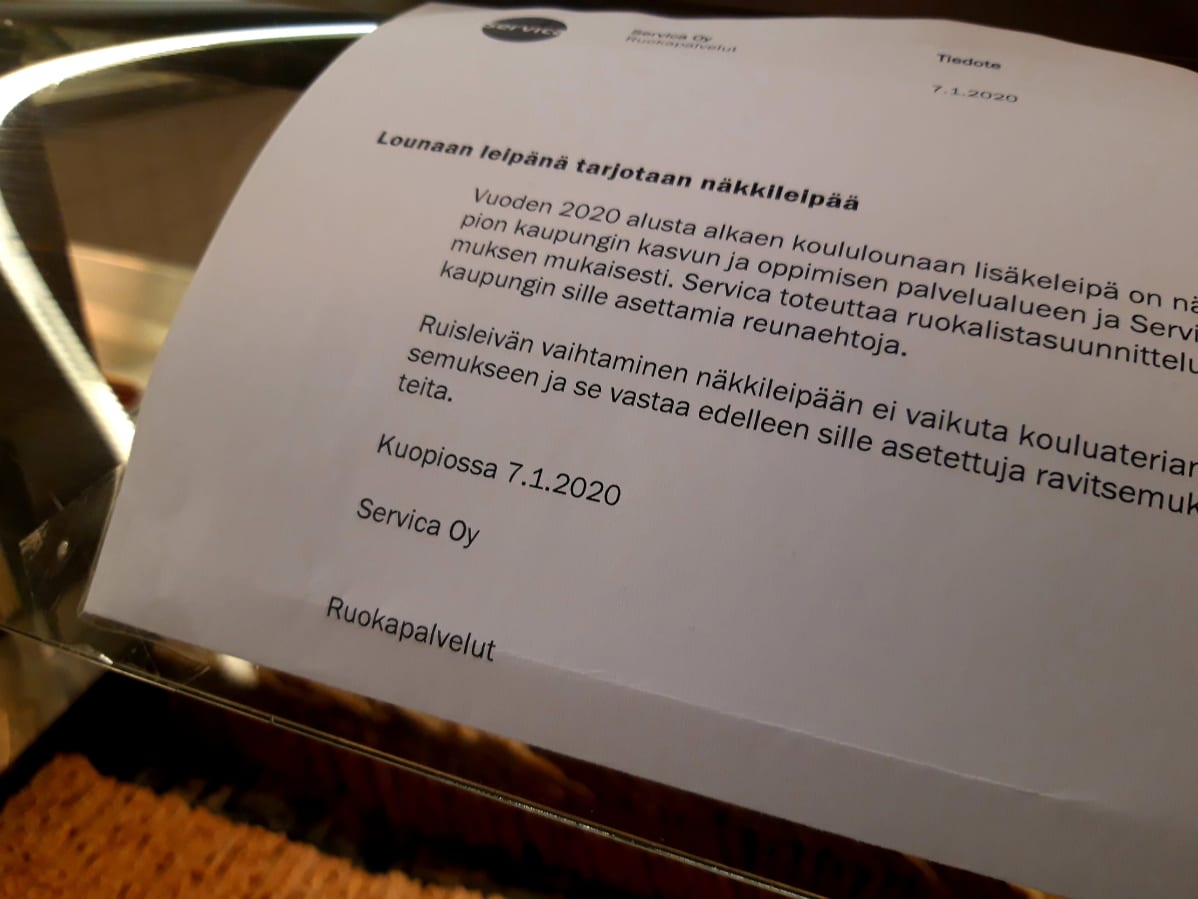 Tiedote ruisleivän tarjoilun loppumisesta kouluissa