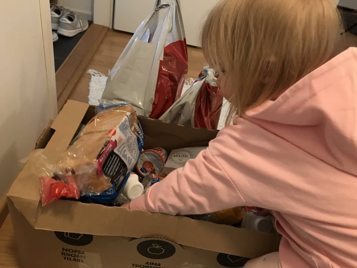 Lapsi penkoo nettiruokakaupasta tehtyjä ostoksia. Ruoka, ostokset, nettikauppa, ruokakauppa.
