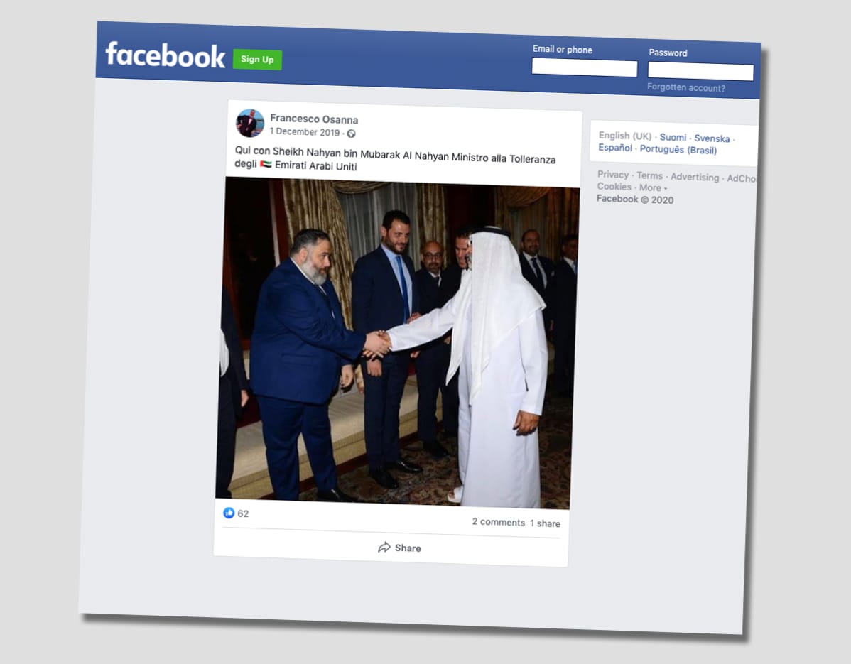 Kuvakaappaus Francesco Osannan Facebook-tilitä. Kuvassa Osanna kättelee Yhdistyneiden arabiemiirikuntien ministeriä.